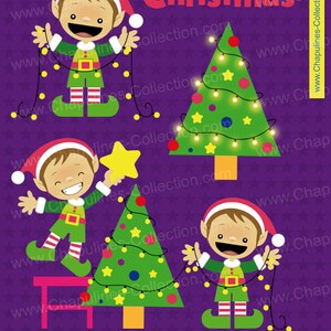 May include: Three cartoon elves decorate Christmas trees with yellow lights. The elves are wearing green and red outfits with pointy hats. The trees are green with yellow lights and colorful ornaments. The background is purple with white stars.
