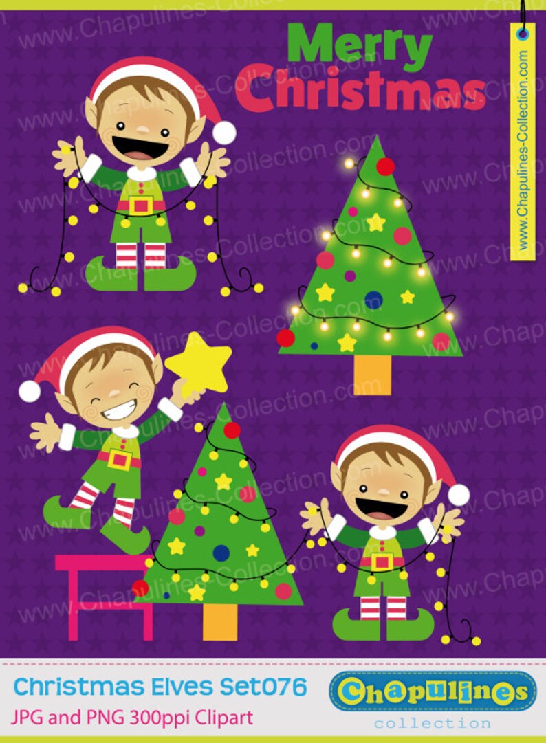 May include: Three cartoon elves decorate Christmas trees with yellow lights. The elves are wearing green and red outfits with pointy hats. The trees are green with yellow lights and colorful ornaments. The background is purple with white stars.
