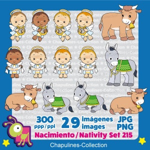Puede incluir: Un conjunto de 29 im&aacute;genes digitales para manualidades y scrapbooking. Las im&aacute;genes representan una escena de la Natividad con &aacute;ngeles, un burro, una vaca y una estrella. Las im&aacute;genes son de estilo de dibujos animados y son perfectas para crear tarjetas de Navidad, invitaciones y otras manualidades festivas.