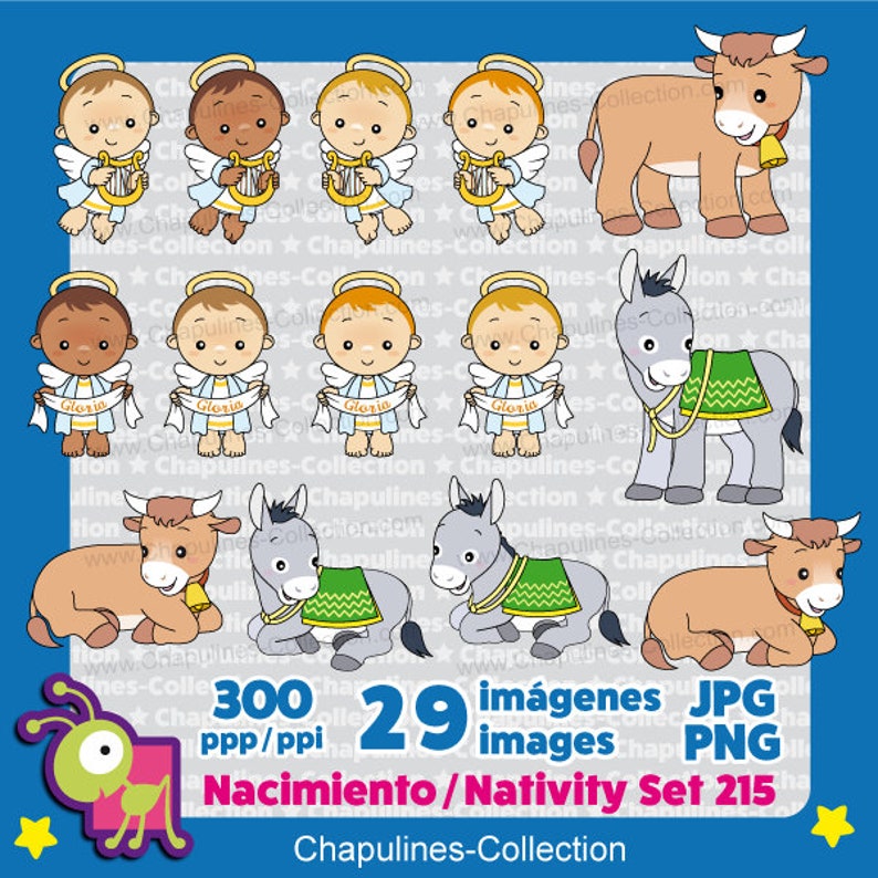 Puede incluir: Un conjunto de 29 im&aacute;genes digitales para manualidades y scrapbooking. Las im&aacute;genes representan una escena de la Natividad con &aacute;ngeles, un burro, una vaca y una estrella. Las im&aacute;genes son de estilo de dibujos animados y son perfectas para crear tarjetas de Navidad, invitaciones y otras manualidades festivas.