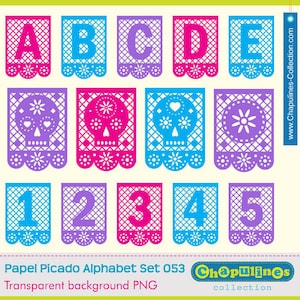 Papel picado Alphabet, lettres clipart, chiffres, crânes, Mexico día de muertos, bleu rose, violet /violet, scrapbook set 53