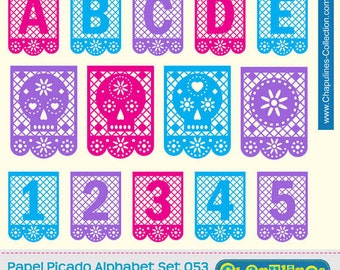 パペル ピカド アルファベット、クリップアート文字、数字、頭蓋骨、メキシコ ディア デ ムエルトス、ピンク ブルー、バイオレット/パープル、スクラップ ブック セット 53