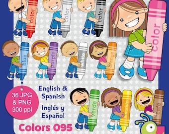 Colors clipart, crayons clipart, english and spanish, crayons and kids illustrations, kindergarten images, commercial use, Set 095