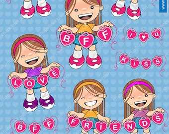 Love Clipart - girls - Friends - BFF - Kiss _ I love you - illustrations - Commercial use images for your designs 012