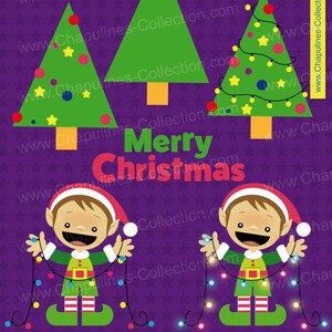 May include: Two Christmas elves holding strings of colorful lights in front of three green Christmas trees with decorations. The text "Merry Christmas" is written in red letters on a purple background with white stars. The text "Christmas Elves Set076" is written in black letters on a white background with a red border. The text "Chapulines collection" is written in black letters on a white background with a red border.