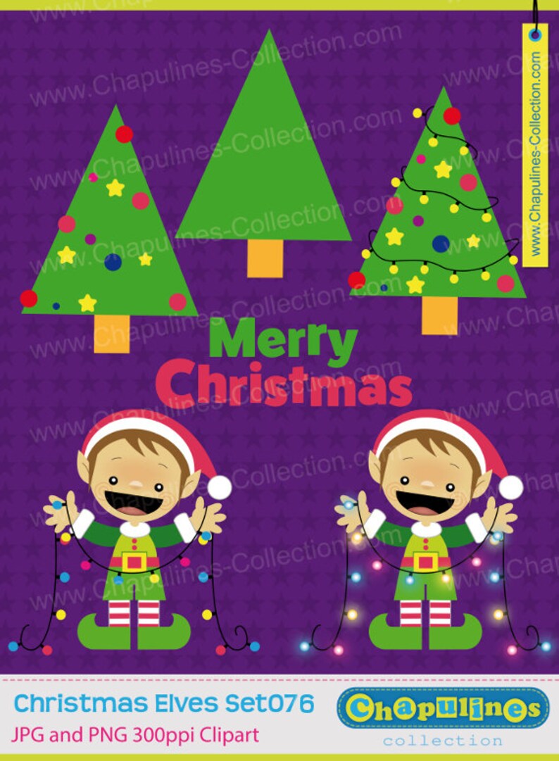 May include: Two Christmas elves holding strings of colorful lights in front of three green Christmas trees with decorations. The text "Merry Christmas" is written in red letters on a purple background with white stars. The text "Christmas Elves Set076" is written in black letters on a white background with a red border. The text "Chapulines collection" is written in black letters on a white background with a red border.