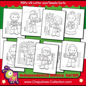 May include: Black and white coloring pages featuring illustrations of historical figures from Mexican Independence. The illustrations include Don Miguel Hidalgo y Costilla, Jose Maria Morelos y Pavon, Vicente Guerrero, Agustin de Iturbide, and Ignacio Allende. The text "Independencia Mexico Set 105" is at the bottom of the page.