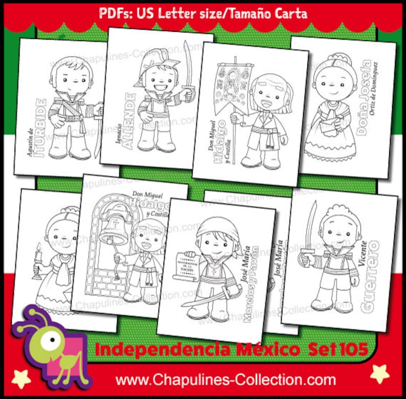 May include: Black and white coloring pages featuring illustrations of historical figures from Mexican Independence. The illustrations include Don Miguel Hidalgo y Costilla, Jose Maria Morelos y Pavon, Vicente Guerrero, Agustin de Iturbide, and Ignacio Allende. The text "Independencia Mexico Set 105" is at the bottom of the page.