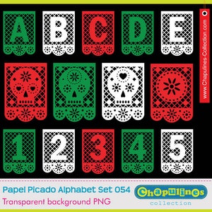 Papel picado Alphabet, utilisation commerciale lettres clipart, chiffres, crânes, Mexique día de muertos vert, rouge et blanc, scrapbook set 054