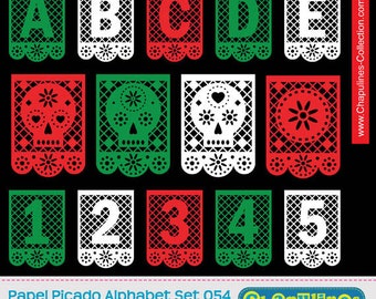 Papel picado Alphabet, commercial use clipart letters,numbers, skulls, Mexico día de muertos green, red and white, scrapbook set 054