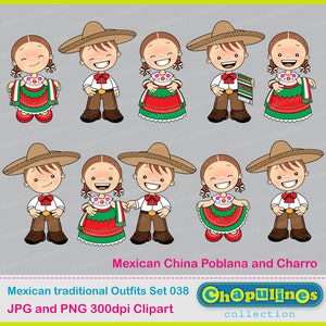 Mexican Outfits Clipart China Poblana and Charro, fiesta México clipart, México illustrations Kids, 5 de Mayo set 038