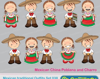 Mexican Outfits Clipart China Poblana and Charro, fiesta México clipart, México illustrations Kids, 5 de Mayo set 038