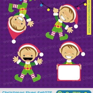May include: Three cartoon Christmas elves with red hats and green outfits. One elf is hanging upside down from a string of lights, another is hanging from the string of lights, and the third elf is holding a blank sign.