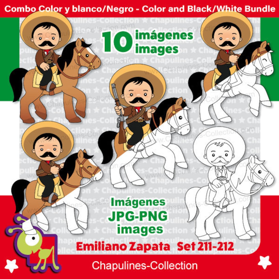 Emiliano Zapata Riding a Horse Clipart, Color and Black/white Bundle, Mexican Revolution
