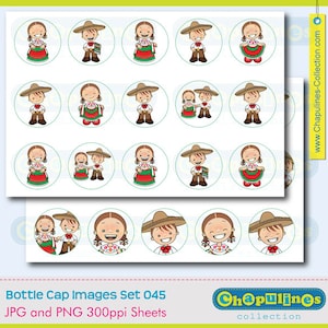 May include: A set of 20 printable bottle cap images featuring cartoon illustrations of people wearing traditional Mexican clothing. The images are in JPG and PNG format and are 300ppi. The images are perfect for creating personalized bottle caps for parties or events.