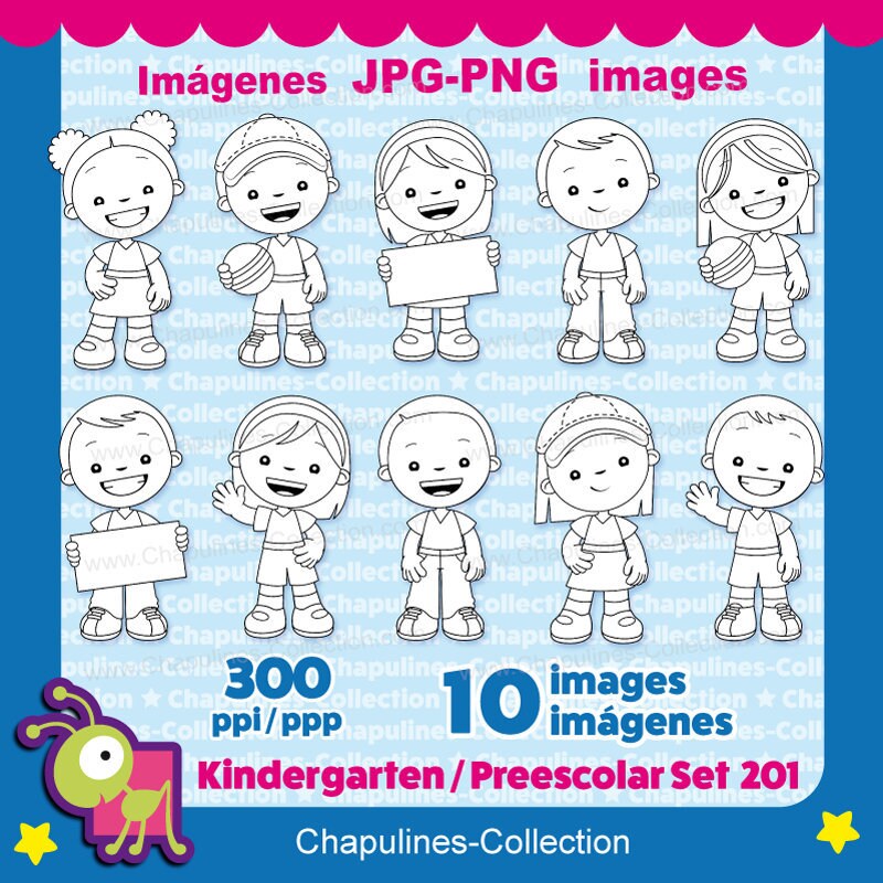 Kindergarten kids clipart, uniform, black and white, Set 201