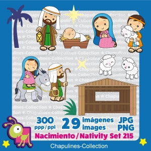 Puede incluir: Un conjunto de 29 im&aacute;genes digitales que representan la historia de la Natividad. Las im&aacute;genes presentan una variedad de personajes, incluyendo a Mar&iacute;a, Jos&eacute;, el beb&eacute; Jes&uacute;s, pastores y animales. Las im&aacute;genes est&aacute;n en un estilo de dibujos animados y son perfectas para crear manualidades o decoraciones navide&ntilde;as.