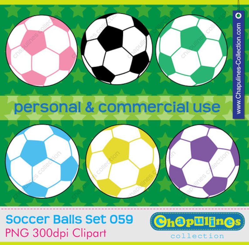 May include: Set of six soccer balls in various colors, including pink, black and white, green, blue, yellow, and purple. The soccer balls are on a green background with white stars. The text "Soccer Balls Set 059" and "PNG 300dpi Clipart" is at the bottom of the image. The text "Chapulines collection" is at the bottom right of the image.