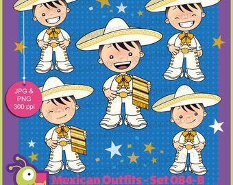 Clipart de niños con traje de charro blanco con dorado, traje típico, Independencia, Revolución Mexicana, 5 de Mayo 084-B