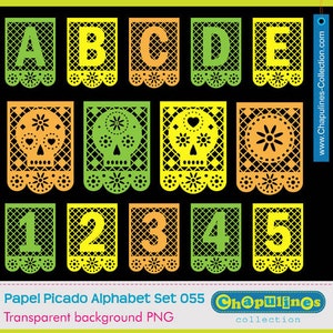 Papel picado Alphabet, commercieel gebruik clipart letters, cijfers, schedels, Mexico día de muertos, groen, geel en oranje set 055