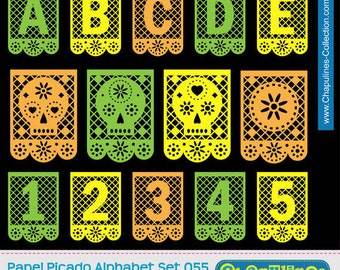 Papel picado Alphabet, commercial use clipart letters,numbers, skulls, Mexico día de muertos, green, yellow and orange set 055