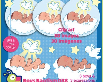 May include: Clip art set of 30 images featuring 3 different baby boys with 3 different expressions. Each baby is lying on a cloud with a white dove flying above. The text "Boys Baptism 088" and "3 boys & 3 expressions" is included in the image.