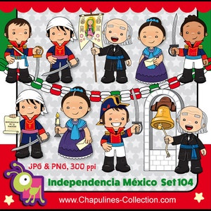 May include: A set of 10 cartoon illustrations of people from Mexican history. The illustrations are in a colorful cartoon style and feature characters like Miguel Hidalgo, Jose Maria Morelos, and others. The illustrations are perfect for use in educational materials or for creating crafts.