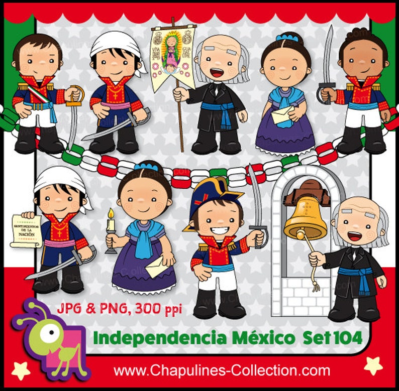 May include: A set of 10 cartoon illustrations of people from Mexican history. The illustrations are in a colorful cartoon style and feature characters like Miguel Hidalgo, Jose Maria Morelos, and others. The illustrations are perfect for use in educational materials or for creating crafts.