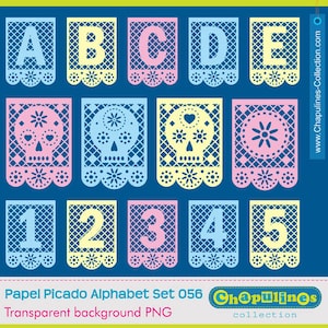 Papel picado Alphabet, utilisation commerciale lettres clipart, chiffres, crânes, Mexique día de muertos rose, jaune et bleu scrapbook set 056