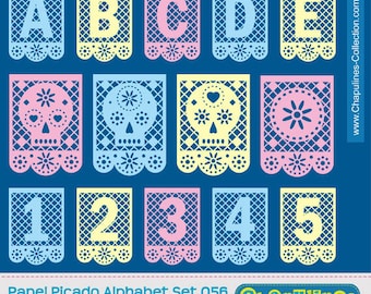Papel picado Alphabet, commercial use clipart letters,numbers, skulls, Mexico día de muertos pink, yellow and blue scrapbook set 056