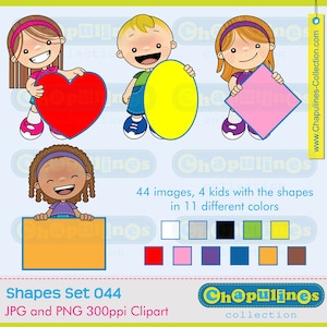 Puede incluir: Conjunto de clipart de 44 imágenes con cuatro niños que sostienen diferentes formas en 11 colores. Las formas incluyen un corazón, un óvalo, un cuadrado y un rectángulo. Los colores incluyen blanco, gris, negro, verde, amarillo, rojo, rosa, morado, azul, naranja y marrón.