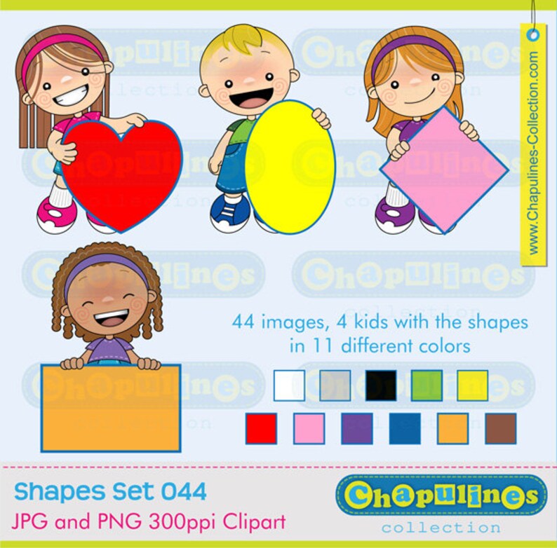Clipart digital Niños y formas geométricas Set 044 Corazón, Óvalo, Rombo y Rectángulo, clipart escuela, ilustraciones de niños imagen 1