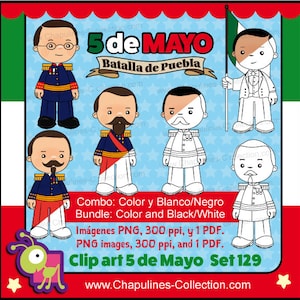 Pacote 5 de Mayo Clipart colorido e preto e branco e páginas para colorir, história mexicana, Batalha de Puebla, Batalha de Puebla Conjunto 129
