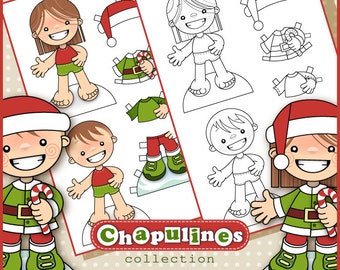 Muñecos de Papel de Navidad Niño y Niña, en Color y Blanco/Negro para Colorear