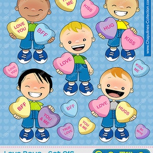 Candy Hearts Boys Clipart, Candy Hearts Illustraties, BFF, Liefde, Kus, knuffel Clipart 016