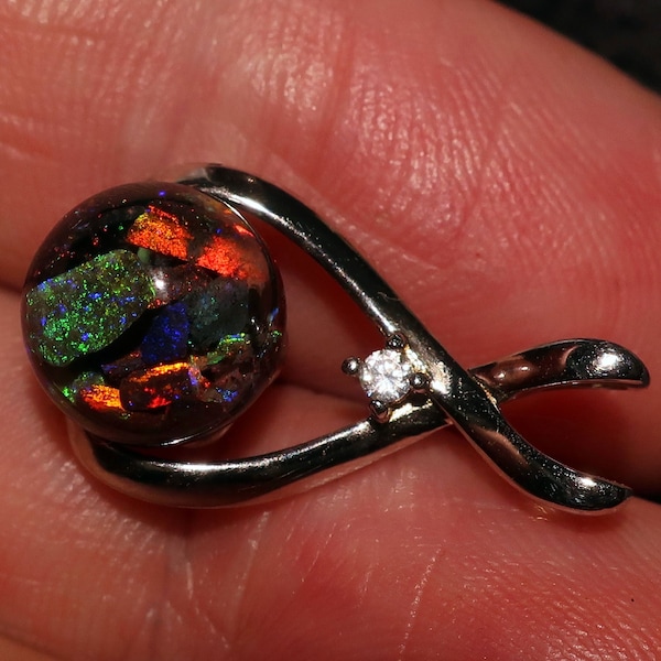 Floating Opals Pendant with 4 carats rare Andamooka Honey Opal. Murano Glass Sphere. Beautiful 925 Sterling Silver cubic zirconia