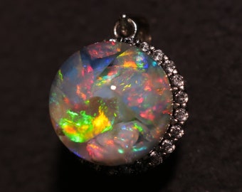Floating Opals Pendant 4 carats Lightning Ridge Opal. Murano Glass Sphere. 925 Sterling Silver setting with 25 zirconia and 45cm Box chain