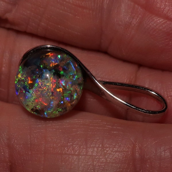 Stunning Floating Opals Pendant with 4+ carats Lightning Ridge Black crystal Australian Opal Murano Glass orb 925 Sterling Silver Cap