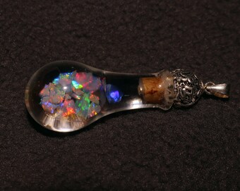 Floating Opal pendant 4 carats Lightning ridge crystal opal OM Mantra  925 sterling silver cap. Handmade 40 x 14mm glass vial