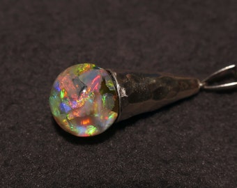 Lightning Ridge Opal Floating Opals Necklace. 3 + carats Bright Colors 925 Sterling Silver hammertone Cap. Optional chain