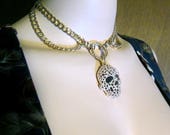 Large Crystal Skull Necklace Gold Black on Gold Looped Chains Halloween Costume Jewelry Day of the Dead Large Sugar Skull