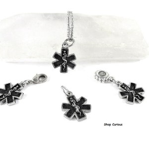 Star of Life Necklace or Bracelet Medic Medical Charms Alone, Slide On European, Clip On or Navel Belly Ring Blank or Diabetes Alert