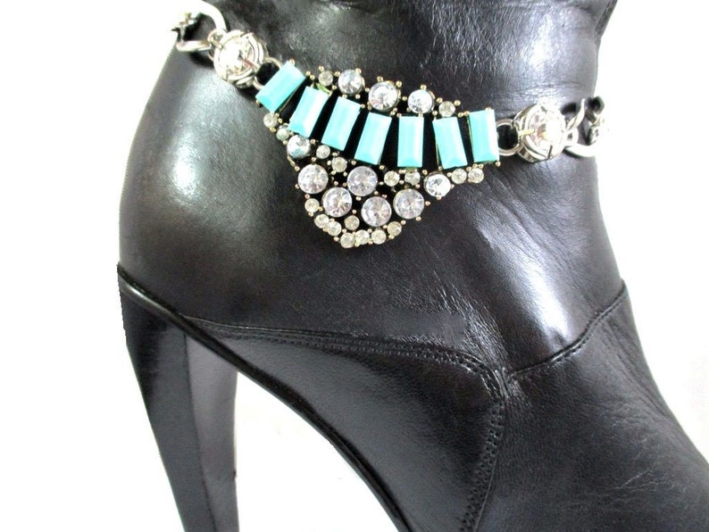 Silver Turquoise /& Crystals Boot Bracelet Bling Chain Motorcycle Accessory Costume Jewelry Western Fun Cowgirl Biker Fashion Statement Dress