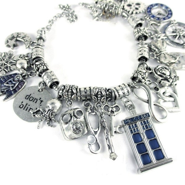 Dr Who Charm Bracelet Time Lord Travel European Slide On Silver Blue Tardis Sonic Screwdriver Weeping Angels Jewelry Making Kit or Complete