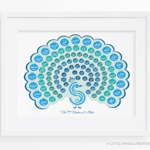 99 Names Of Allah Peacock Islamic Art Print, Modern Islamic Wall Art