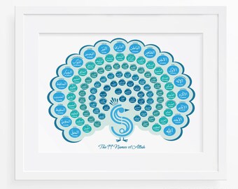 99 nombres de Allah Peacock Islamic Art Print, Arte mural islámico moderno