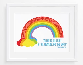 Rainbow Bismillah Islamic Art Print, Allah is the Light, Modern Islamic Wall Art