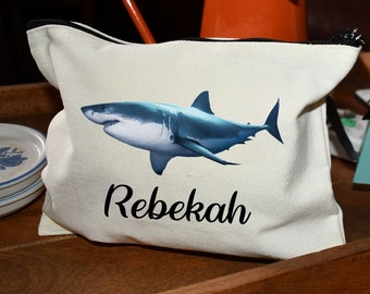 Shark Cosmetic Makeup Bag Purse Pencil Holder Case Women's Teen Girls Beach Vacation Gift Custom Name Personalized Fish Great White Blue