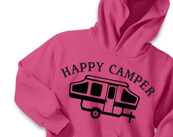 Happy Camper Hoodie Girls Boys Youth Teen Camp Gift Campout Black Green Blue Red Pink Camping Adventure T shirt