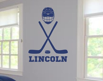 Boys Girls Teem Hockey Wall Decal Helmet Puck Sticks Goalie Add A Name Team Game Fan Bedroom Theme Decor Sports Playroom Man Cave Dad Gift